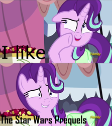 Size: 1280x1437 | Tagged: safe, edit, edited screencap, imported from derpibooru, screencap, starlight glimmer, pony, rock solid friendship, exploitable meme, image macro, meme, obligatory pony, shrunken pupils, star wars, starlight's confessions