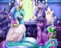 Size: 3600x2800 | Tagged: dead source, safe, artist:makkah, artist:rossignolet, imported from derpibooru, princess celestia, spike, twilight sparkle, alicorn, dragon, pony, chair, crown, cutie map, female, friendship throne, high res, jewelry, looking at each other, male, mare, regalia, sitting, smiling, trio, twilight sparkle (alicorn), twilight's castle