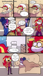 Size: 720x1280 | Tagged: safe, artist:little-tweenframes, deleted from derpibooru, imported from derpibooru, sci-twi, sunset shimmer, twilight sparkle, series:sciset diary, equestria girls, bathroom, blanket, comic, couch, crying, dialogue, female, hair bun, lesbian, lol, mop, pillow, pregnant, pregnant equestria girls, scitwishimmer, shipping, smiling, speech bubble, sunsetsparkle, toilet, vulgar