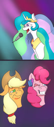 Size: 1065x2500 | Tagged: safe, artist:paleheart-arts, imported from derpibooru, applejack, pinkie pie, princess celestia, alicorn, pony, comic, cupcake, female, floppy ears, food, frown, gritted teeth, magic, mare, microphone, singing, telekinesis