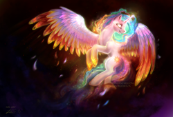 Size: 2531x1719 | Tagged: safe, artist:elzafox, imported from derpibooru, princess celestia, alicorn, pony, colored wings, colored wingtips, female, flying, glowing eyes, mare, multicolored wings, solo