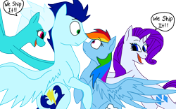 Size: 3962x2469 | Tagged: safe, artist:delphina34, imported from derpibooru, fleetfoot, rainbow dash, rarity, soarin', pony, eye contact, female, fleetfoot the shipper, looking at each other, male, shipper on deck, shipperity, shipping, simple background, soarindash, straight, transparent background