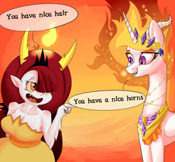 Size: 1300x1200 | Tagged: safe, artist:passigcamel, imported from derpibooru, nightmare star, princess celestia, alicorn, pony, compliment, crossover, dialogue, disney, female, grammar error, hekapoo, looking at each other, mare, smiling, speech bubble, star vs the forces of evil