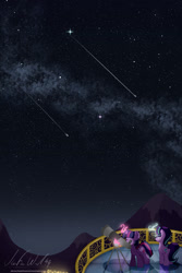 Size: 1280x1920 | Tagged: safe, artist:musicfirewind, artist:wavecipher, imported from derpibooru, starlight glimmer, twilight sparkle, alicorn, pony, balcony, magic, mountain, night, shooting star, stargazing, stars, telescope, twilight sparkle (alicorn)