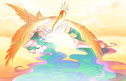 Size: 1550x1000 | Tagged: safe, artist:yuyusunshine, imported from derpibooru, princess celestia, alicorn, pony, cloud, prone, sleeping, stork, story included