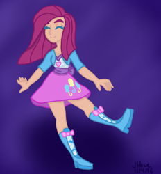 Size: 734x790 | Tagged: safe, artist:kyokyosanpony, artist:lady-jay-bird, imported from derpibooru, pinkie pie, equestria girls, balloon, beautiful, boots, clothes, cute, cuteamena, dancing, equestria girls outfit, eyes closed, female, happy, high heel boots, human coloration, pinkamena diane pie, raised leg, skirt, smiling, solo