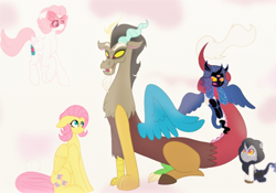 Size: 652x456 | Tagged: safe, artist:theroyalartofna, imported from derpibooru, discord, fluttershy, oc, oc:nabu, oc:ursa moonstorm, oc:vivi blueblood, hybrid, flashback, interspecies offspring, offspring, parent:discord, parent:princess luna, parents:blueshy, parents:lunacord, sad, story included