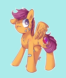 Size: 1469x1713 | Tagged: safe, artist:mad-maker-cat, imported from derpibooru, scootaloo, pony, bandaid, blue background, female, one eye closed, simple background, solo, wink