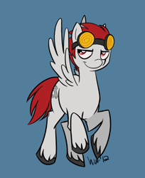 Size: 532x653 | Tagged: safe, artist:solstjarn, imported from derpibooru, pegasus, pony, goggles, jack spicer, lidded eyes, ponified, simple background, smiling, solo, unshorn fetlocks