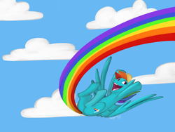 Size: 1024x768 | Tagged: safe, artist:solstjarn, imported from derpibooru, rainbow dash, pony, cloud, female, flying, open mouth, rainbow, rainbow trail, sky, smiling, solo