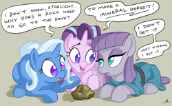 Size: 3900x2400 | Tagged: safe, artist:docwario, imported from derpibooru, maud pie, starlight glimmer, trixie, earth pony, pony, unicorn, rock solid friendship, dialogue, female, joke, mare, no pupils, rock, simple background, text, trio