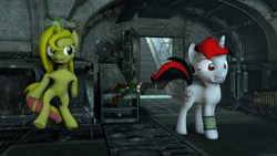 Size: 1920x1080 | Tagged: safe, artist:charlydasher, imported from derpibooru, oc, oc only, oc:blackjack, oc:marmalade, pony, fallout equestria, fallout equestria: project horizons, 3d, armory, bipedal, bipedal leaning, gun, holes, leaning, literal butthurt, pain, shotgun, source filmmaker, surprised, this is going to hurt, unexpected, weapon