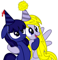 Size: 5209x5358 | Tagged: safe, artist:timeymarey007, imported from derpibooru, oc, oc only, oc:azure wrath, oc:timey marey, pony, .svg available, absurd resolution, angry, duo, floppy ears, happy, hat, open mouth, party hat, simple background, transparent background, vector, wings