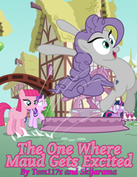 Size: 2318x3000 | Tagged: safe, artist:tom117z, imported from derpibooru, maud pie, pinkie pie, starlight glimmer, twilight sparkle, alicorn, pony, fanfic:the one where maud gets excited, rock solid friendship, alternate hairstyle, behaving like maud pie, behaving like pinkie pie, faic, fanfic, fanfic art, fanfic cover, fountain, happy, high res, maudie pie, missing accessory, personality swap, pinkamena diane pie, twilight sparkle (alicorn), wrong cutie mark, xk-class end-of-the-world scenario