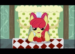 Size: 2048x1473 | Tagged: safe, artist:aquaangel1010, imported from derpibooru, apple bloom, pony, apple, female, food, solo