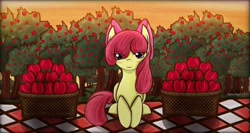 Size: 2048x1087 | Tagged: safe, artist:aquaangel1010, imported from derpibooru, apple bloom, pony, apple, blushing, female, food, looking at you, picnic, picnic blanket, solo, sunset, sweet apple acres