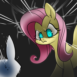 Size: 1400x1400 | Tagged: safe, artist:renokim, imported from derpibooru, angel bunny, fluttershy, pony, solo focus, stare, the stare