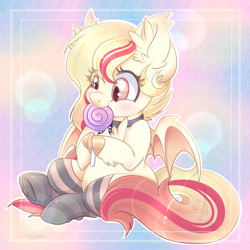 Size: 1024x1024 | Tagged: safe, artist:pvrii, artist:silent-shadow-wolf, imported from derpibooru, oc, oc only, bat pony, pony, candy, chest fluff, clothes, cute, cute little fangs, ear fluff, eating, fangs, female, food, hnnng, leg fluff, lollipop, mare, nom, ocbetes, socks, solo, stockings, striped socks, thigh highs