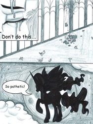 Size: 1024x1365 | Tagged: safe, artist:tillie-tmb, imported from derpibooru, nightmare moon, princess celestia, pony, comic:the amulet of shades, cloud, comic, crying, monochrome, raised hoof, shadow, traditional art