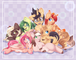 Size: 1600x1280 | Tagged: safe, artist:pvrii, artist:silent-shadow-wolf, imported from derpibooru, oc, oc only, earth pony, pegasus, pony, unicorn, commission, crown, female, glasses, group, jewelry, looking at you, male, mare, open mouth, regalia, smiling, stallion