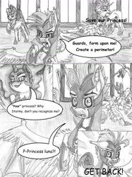 Size: 1280x1707 | Tagged: safe, artist:tillie-tmb, imported from derpibooru, nightmare moon, princess celestia, oc, oc:storm sabre, alicorn, pony, comic:the amulet of shades, comic, female, mare, monochrome, night guard, royal guard, traditional art