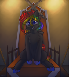 Size: 1771x1959 | Tagged: safe, artist:marsminer, imported from derpibooru, oc, oc only, oc:rainbow moon, pony, chest fluff, looking at you, male, solo, stallion, sword, throne, unshorn fetlocks, weapon