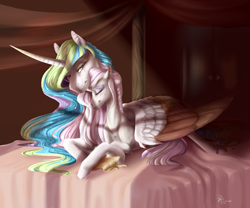 Size: 3000x2500 | Tagged: safe, artist:maxiima, imported from derpibooru, fleur-de-lis, princess celestia, alicorn, pony, unicorn, bed, chest fluff, cuddling, female, fleurestia, hug, lesbian, mare, neck nuzzle, nuzzling, prone, shipping, winghug