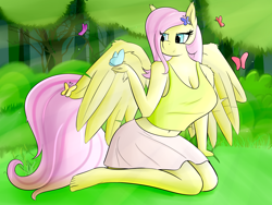 Size: 4000x3000 | Tagged: safe, artist:huckser, imported from derpibooru, fluttershy, anthro, butterfly, pegasus, plantigrade anthro, breasts, cleavage, clothes, cute, female, kneeling, midriff, skirt, solo