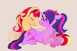 Size: 750x500 | Tagged: safe, artist:azuredoodles, imported from derpibooru, sci-twi, sunset shimmer, twilight sparkle, pony, unicorn, series:sciset diary, equestria girls, boop, cute, equestria girls ponified, female, lesbian, noseboop, ponified, scitwishimmer, shimmerbetes, shipping, sunsetsparkle, twiabetes, unicorn sci-twi, wingless