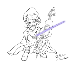 Size: 900x801 | Tagged: safe, artist:tsitra360, imported from derpibooru, octavia melody, pony, bipedal, cello, clothes, female, jedi, lightsaber, monochrome, musical instrument, neo noir, partial color, solo, star wars, weapon