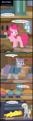 Size: 800x2943 | Tagged: safe, artist:toxic-mario, imported from derpibooru, derpy hooves, maud pie, pinkie pie, spitfire, pegasus, pony, comic:toxic-mario's derpfire shipwreck, rock solid friendship, apple, armpit wing, bipedal, book, bread, comic, cookbook, female, food, mare, muffin, oven, pie, speech bubble, spitfire's hair is fire