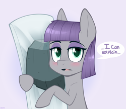 Size: 1150x999 | Tagged: safe, artist:higgly-chan, imported from derpibooru, maud pie, earth pony, pony, awkward moment, blushing, body pillow, caught, cute, dialogue, female, looking at you, mare, maudabetes, rock, solo, speech bubble, that pony sure does love rocks