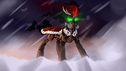 Size: 2560x1440 | Tagged: safe, artist:imskull, imported from derpibooru, king sombra, pony, robot, robot pony, male, snow, solo