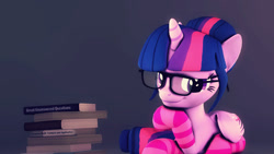 Size: 1920x1080 | Tagged: safe, artist:flushthebatsanta, imported from derpibooru, twilight sparkle, alicorn, pony, 3d, alternate hairstyle, book, bookhorse, clothes, female, glasses, i can't believe it's not sci-twi, looking at you, poster, socks, solo, source filmmaker, striped socks, twilight sparkle (alicorn), twilight's professional glasses