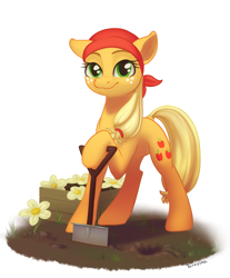 Size: 1935x2341 | Tagged: safe, artist:taneysha, imported from derpibooru, applejack, earth pony, pony, bandana, dirt, female, flower, gardening, looking at you, mare, shovel, smiling, solo