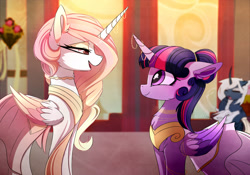 Size: 2877x2019 | Tagged: safe, artist:magnaluna, imported from derpibooru, princess celestia, princess luna, twilight sparkle, oc, oc:zefiroth, alicorn, pony, clothes, dress, female, jewelry, lesbian, looking at each other, mare, open mouth, regalia, royal sisters, shipping, smiling, twilestia, twilight sparkle (alicorn), yawn