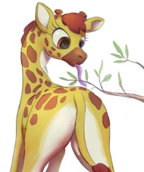 Size: 1072x1278 | Tagged: safe, artist:grissaecrim, artist:raikoh, imported from derpibooru, clementine, giraffe, fluttershy leans in, butt, colored, eating, female, long tongue, plot, simple background, solo, strategically covered, tail censor, tongue out, white background