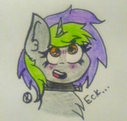 Size: 540x516 | Tagged: safe, artist:viola harmony, imported from derpibooru, oc, oc only, oc:frenzy nuke, pony, unicorn, blushing, chest fluff, collar, happy, looking up, smiling, solo, traditional art