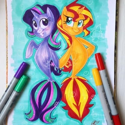 Size: 750x750 | Tagged: safe, artist:antych, imported from derpibooru, starlight glimmer, sunset shimmer, seapony (g4), my little pony: the movie, instagram, marker drawing, markers, not fiery shimmer, seaponified, seapony starlight glimmer, seapony sunset, species swap, traditional art