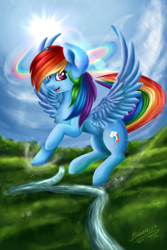 Size: 2000x3000 | Tagged: safe, artist:bizonekx33, imported from derpibooru, rainbow dash, pegasus, pony, backwards cutie mark, female, mare, open mouth, scenery, signature, solo