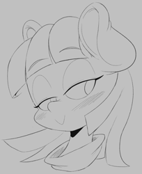 Size: 925x1133 | Tagged: safe, artist:purple-yoshi-draws, imported from derpibooru, maud pie, pony, female, monochrome, simple background, smiling, solo, when she smiles