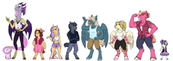 Size: 1600x566 | Tagged: safe, artist:lopoddity, deleted from derpibooru, imported from derpibooru, oc, oc only, oc:aerostorm, oc:bruce, oc:cupcake, oc:magnolia may, oc:pandora, oc:peachy keen, oc:prima donna, oc:rosemary, anthro, draconequus, earth pony, hybrid, pegasus, unguligrade anthro, unicorn, pandoraverse, anthro oc, clothes, draconequus oc, female, filly, interspecies offspring, line-up, magical lesbian spawn, male, mare, muscles, next generation, offspring, parent:applejack, parent:big macintosh, parent:bulk biceps, parent:cheerilee, parent:cheese sandwich, parent:discord, parent:dumbbell, parent:fluttershy, parent:pinkie pie, parent:rainbow dash, parent:rarity, parent:rumble, parent:sweetie belle, parent:twilight sparkle, parents:cheerimac, parents:cheesepie, parents:discolight, parents:dumbdash, parents:flutterbulk, parents:rarijack, parents:rumbelle, simple background, size difference, smiling, stallion, trans female, trans girl, trans mare, transgender, white background