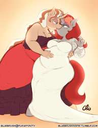 Size: 892x1155 | Tagged: safe, artist:nekocrispy, imported from derpibooru, oc, oc only, oc:fade, oc:hot fudge, anthro, unicorn, anthro oc, bride, chubby, clothes, dress, fat, female, kissing, lesbian, looking at each other, mare, marriage, patreon, patreon logo, wedding, wedding dress