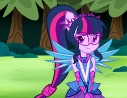 Size: 980x760 | Tagged: safe, artist:wubcakeva, imported from derpibooru, sci-twi, twilight sparkle, equestria girls, legend of everfree, clothes, crystal guardian, crystal wings, cute, dress, female, glasses, ponied up, ponytail, scitwilicorn, solo, super ponied up, tree, twiabetes, visor, wings