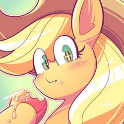 Size: 1200x1200 | Tagged: safe, artist:berryverrine, imported from derpibooru, applejack, pony, apple, cute, eating, female, food, jackabetes, mugshot, solo, starry eyes, wingding eyes