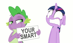 Size: 818x480 | Tagged: safe, artist:zutheskunk, imported from derpibooru, spike, twilight sparkle, dragon, pony, unicorn, angry, animated, duo, eyebrow wiggle, female, floppy ears, funny, funny as hell, furious, gif, grammar error, grammar nazi, lip bite, mare, misspelling of you're, pure unfiltered evil, red eyes, red eyes take warning, shaking, shrunken pupils, simple background, smiling, smirk, smug, text, this will end in pain, this will end in pain and/or death, triggered, trolling, vibrating, white background, you're