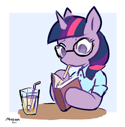 Size: 712x727 | Tagged: safe, artist:morgana, imported from derpibooru, twilight sparkle, semi-anthro, arm hooves, book, clothes, drink, female, glasses, mouth hold, pencil, shirt, signature, simple background, solo, studying