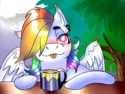 Size: 1600x1200 | Tagged: safe, artist:brainiac, imported from derpibooru, rainbow dash, pegasus, pony, blushing, coffee cup, cup, cute, ear piercing, earring, female, hair over one eye, jewelry, mare, piercing, solo, table, tongue out, tree, wonderbolts