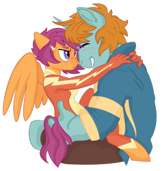 Size: 910x961 | Tagged: safe, artist:dbkit, imported from derpibooru, scootaloo, snips, anthro, pegasus, unguligrade anthro, unicorn, clothes, cute, duo, eyes closed, female, male, mare, older, older scootaloo, older snips, scootasnips, shipping, simple background, smiling, stallion, story in the source, straight, transparent background