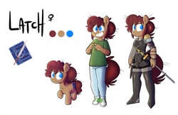 Size: 1280x831 | Tagged: safe, artist:belaboy, deleted from derpibooru, imported from derpibooru, oc, oc only, oc:latch, anthro, earth pony, pony, armor, converse, female, mare, reference sheet, shoes, solo, sword, weapon